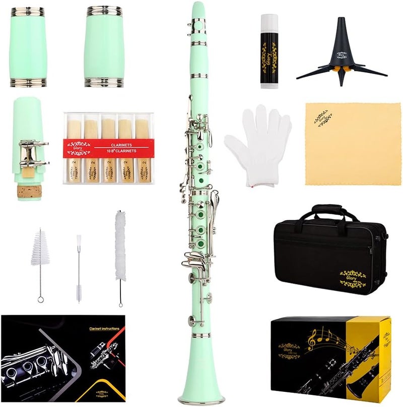 Glory GLY-CLAGN Professional Ebonite Bb Clarinet with 10 Reeds, Stand, Hard Case, Cleaning Cloth, Mouthpiece Brush and Pad Brush,Green - Image 1